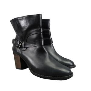 Greisy Shoes Womens 40 Bootie Leather Stacked Heel Buckle Strap Ankle Boot Black